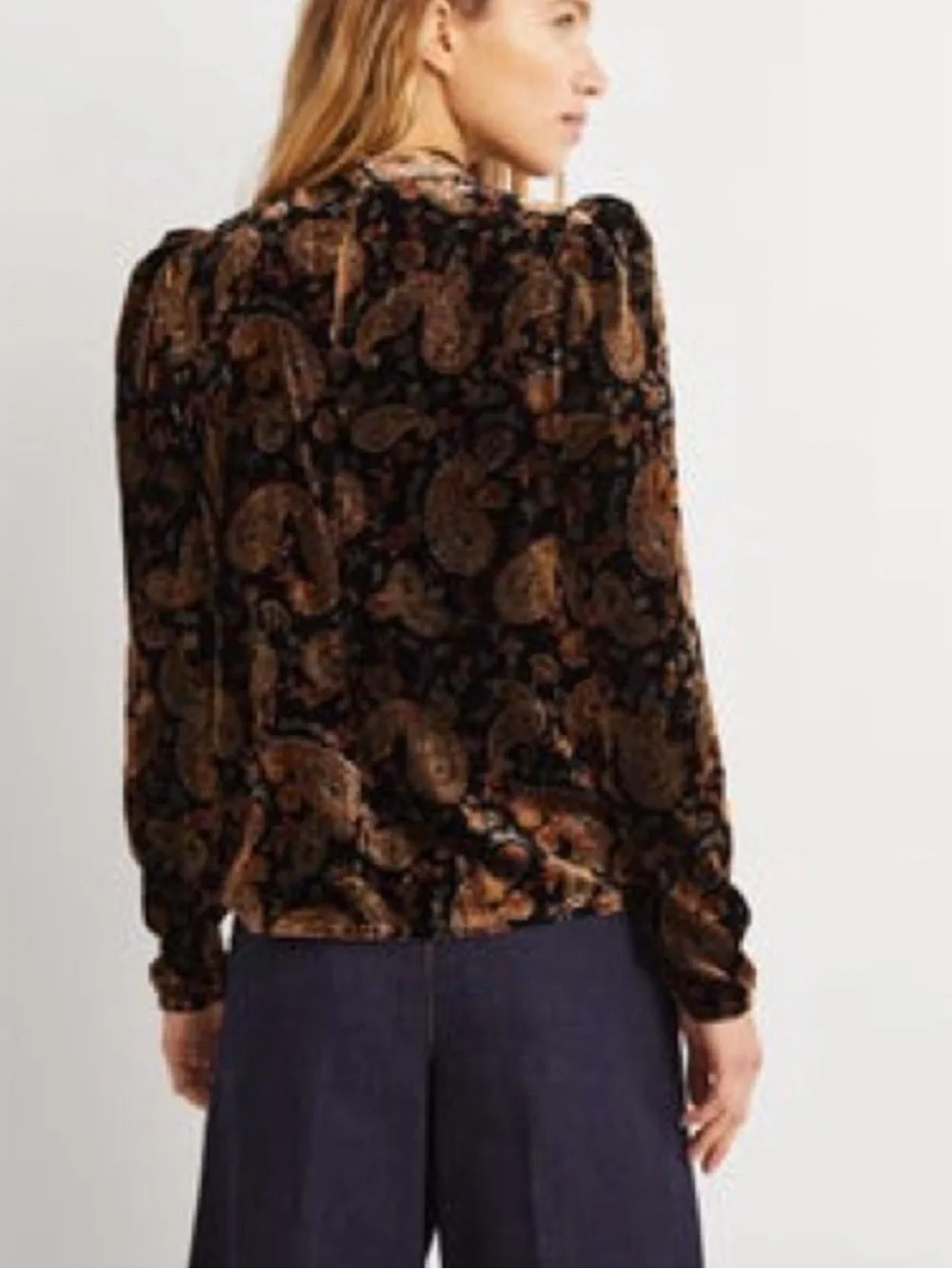Boden Brown & Black Velvet Paisley Puff, Long Sleeve Top, Mock Neck, US Size 4